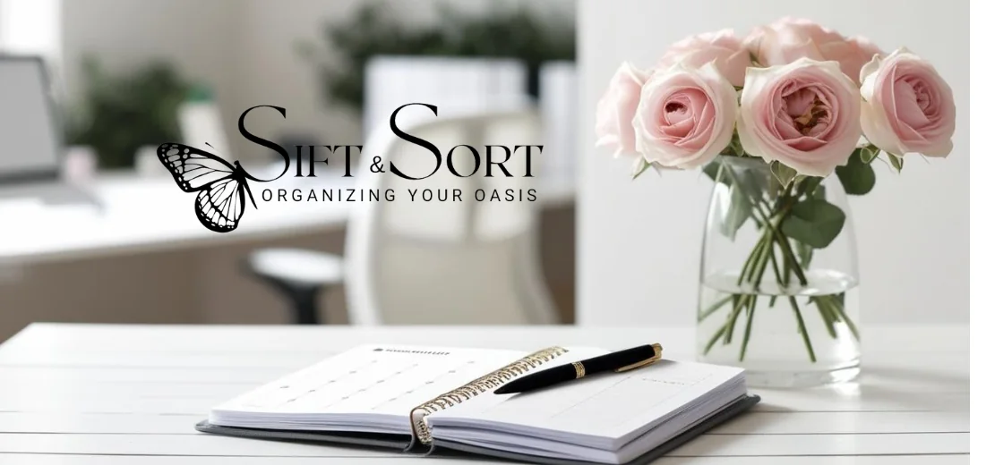 Sift & Sort professional organizing workspace with planner and pink roses