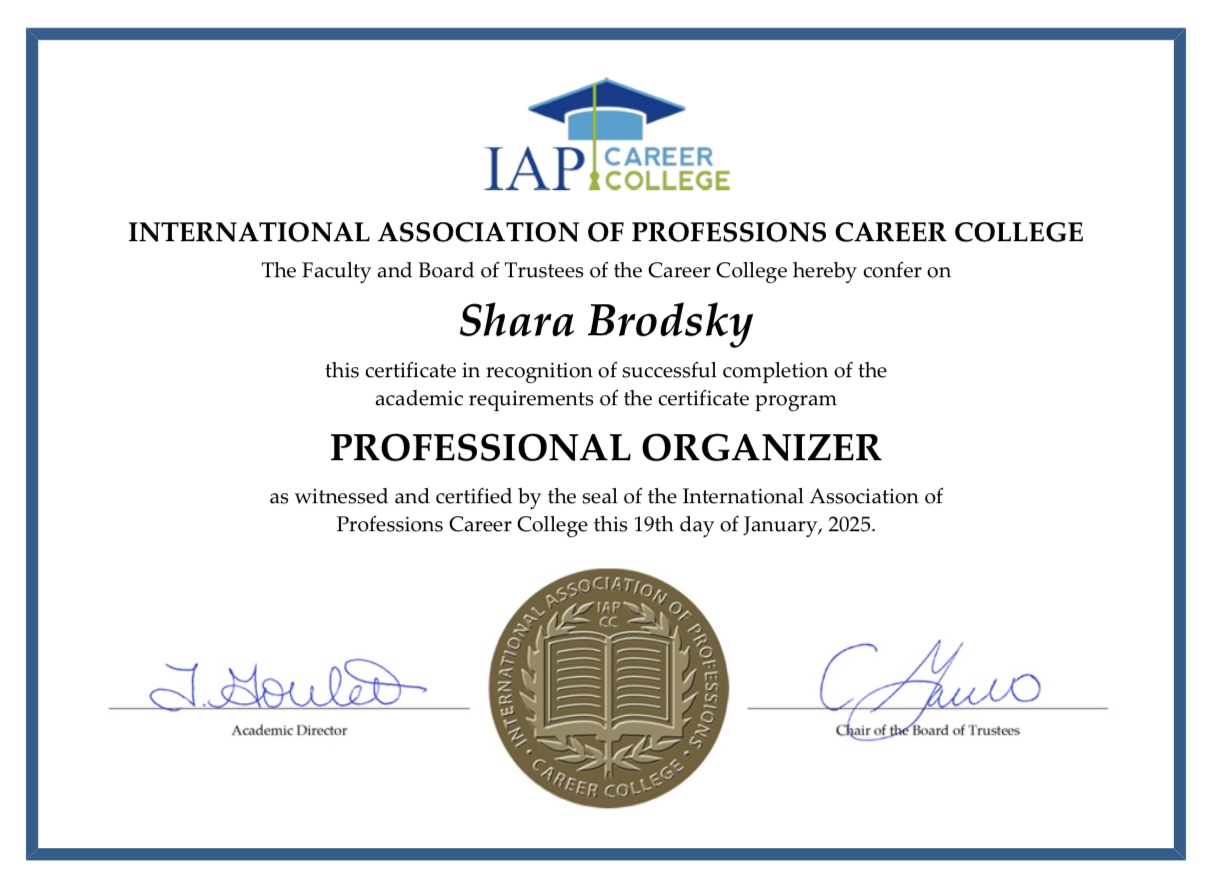 Shara Brodsky Professional Organizer certificate